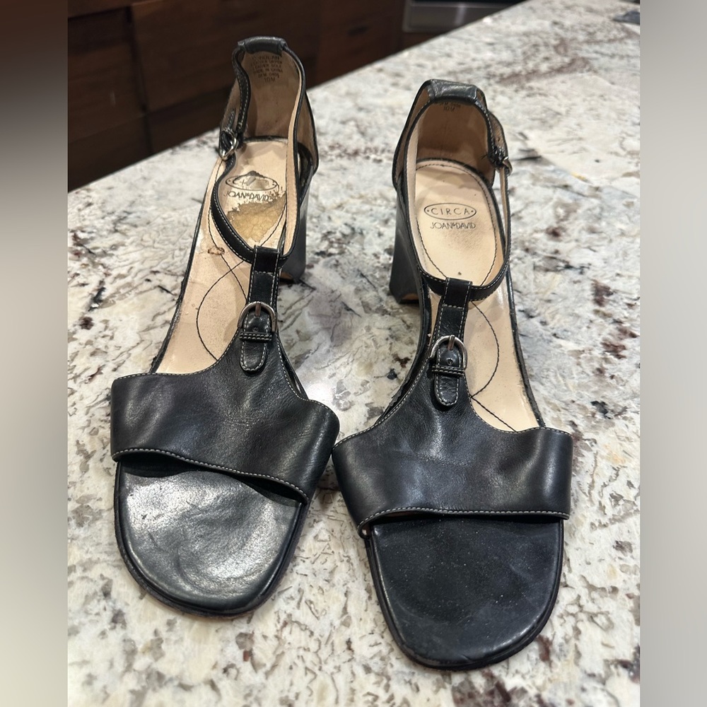 Circa by Joan & David T-Strap Wedge Sandals. Black leather. Vintage.